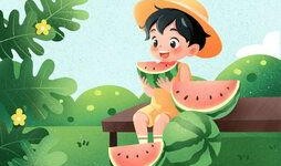 夏天吃瓜插画海报,瓜果飘香——夏日吃瓜插画海报风采展示